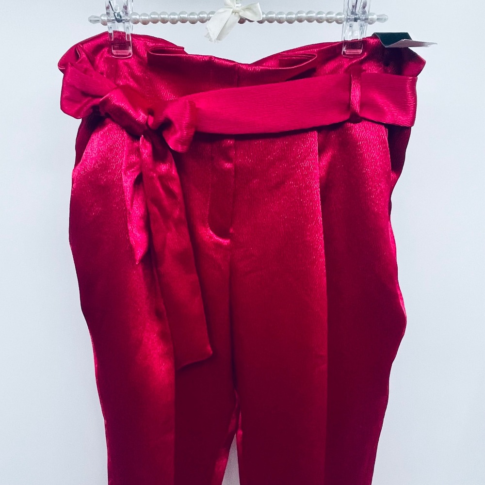 New York & Company 7th Ave Slim Ankle Pants Red Satin Paperbag Waist 16 Petite‎